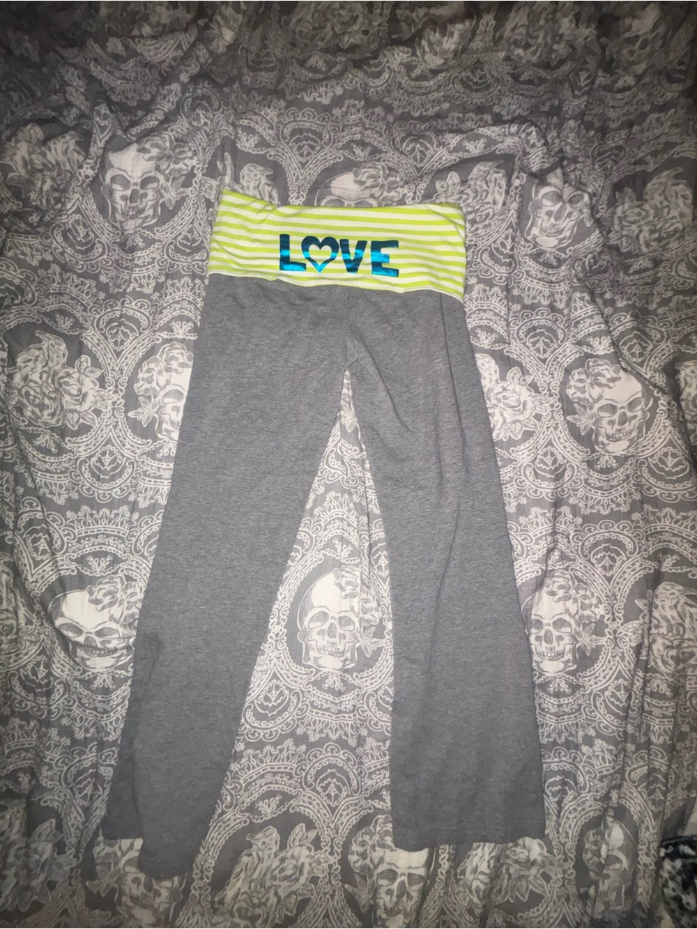 Girls' Gray Yoga Pants with Lime 'LOVE' Waistband